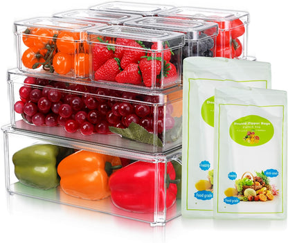 Clear Fridge Organizer Bins - 10 pcs Refrigerator Organizers and Storage Set for Fridge, Freezer, Kitchen, Stackable Pantry Organizer Bins - Includes Pack of 20 Food Bags - Ideal for Food & Drinks