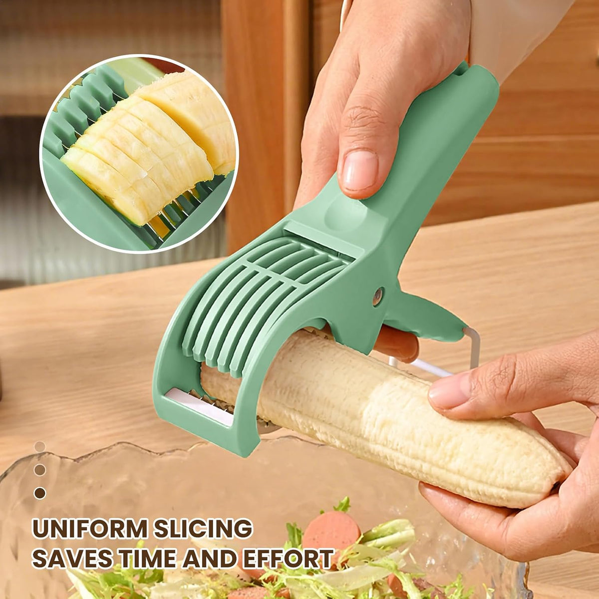 Banana Slicer,Hot Dog Cutter Slicer, Efficient and Safe Banana Cutter for Even Slices, kitchen gadget (Green)