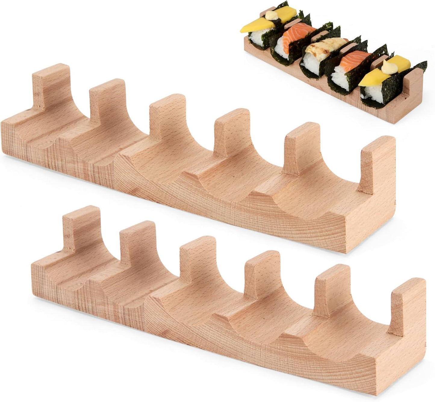 Wooden Taco Holder Stand for Sushi Hand Roll, Temaki & Sushi Roll – 1/2/3/5 Slot Sushi Display Tray, Natural Wood Serving Platter (10 pcs per Pack) (5 Slots (10 pcs))