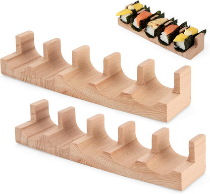 Wooden Taco Holder Stand for Sushi Hand Roll, Temaki & Sushi Roll – 1/2/3/5 Slot Sushi Display Tray, Natural Wood Serving Platter (10 pcs per Pack) (5 Slots (10 pcs))