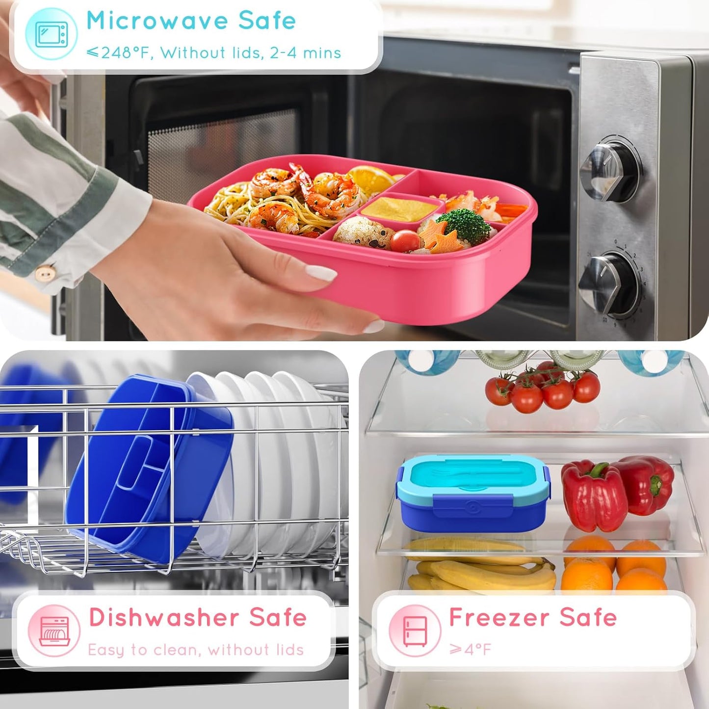 Lunch Box Kid Adult Bento Box, 4-Compartment Food Lunch Containers with Fork & Spoon, BPA Free, Leak-Proof Bento-Style Lunch Box for Work School, Microwave & Dishwasher Safe (Candy)