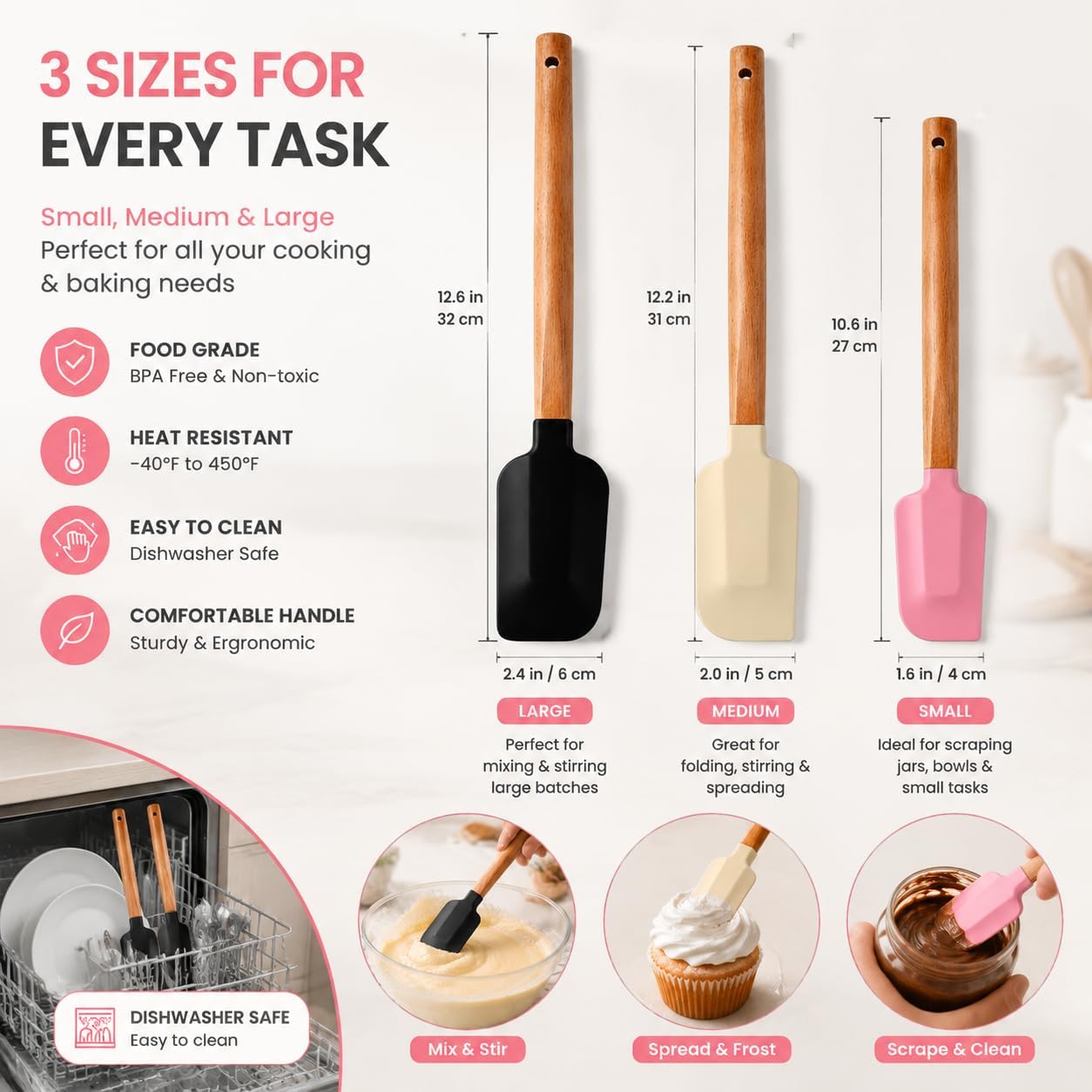 Silicone Spatula Set 3 Pieces - BPA Free&600 ° F High Temperature Resistant, Suitable for Baking, Cooking, and Stirring, Non Damaging and Non Sticky Pot Coatings