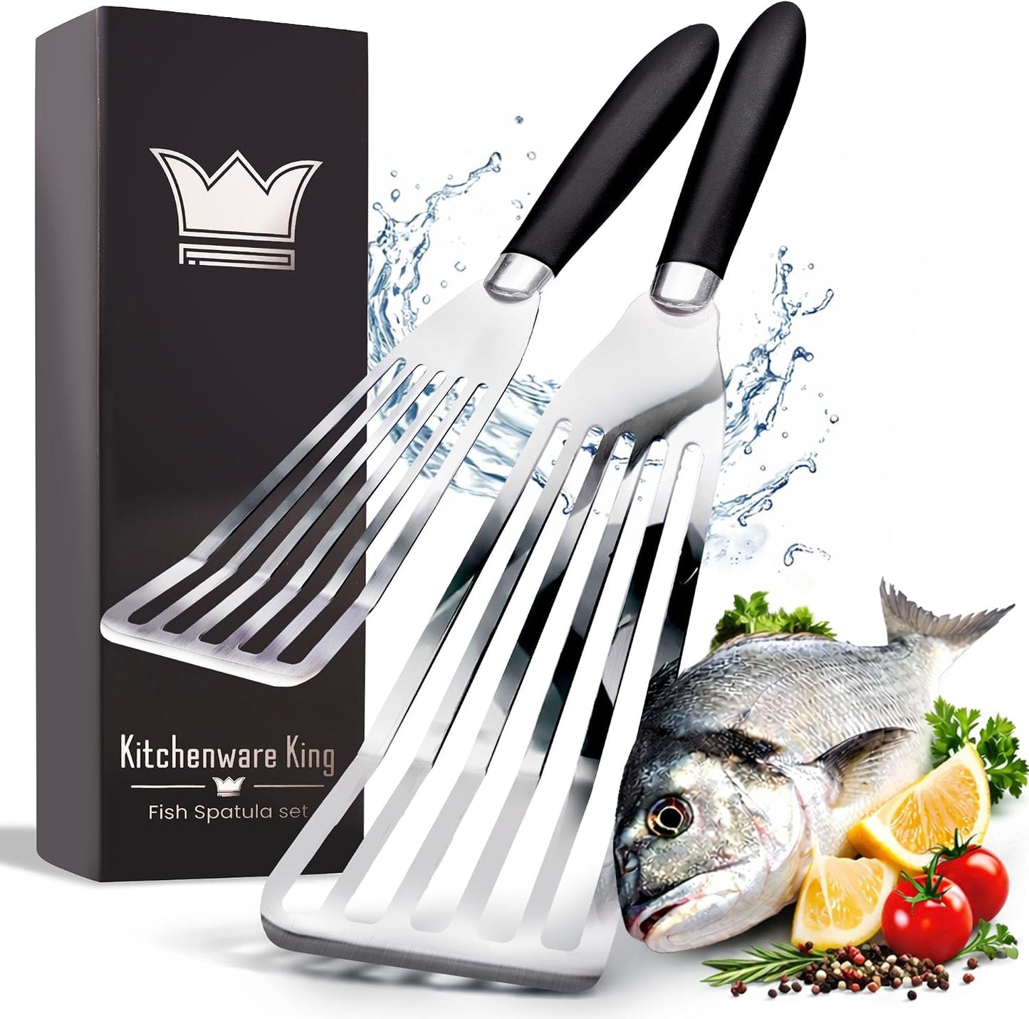 Professional Fish Spatula Stainless Steel Set - 1 Large + 1 Small stainless steel spatula - mirror polished spatulas with heat resistant ergonomic handles - fish turner for Flipping, Frying & Grilling