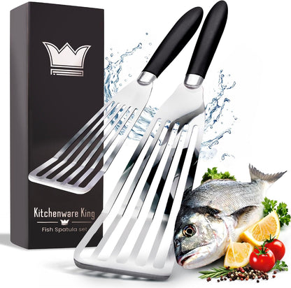 Professional Fish Spatula Stainless Steel Set - 1 Large + 1 Small stainless steel spatula - mirror polished spatulas with heat resistant ergonomic handles - fish turner for Flipping, Frying & Grilling