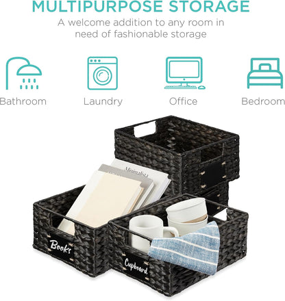 Best Choice Products Set of 4 9x12in Water Hyacinth Pantry Baskets, Woven Organizers w/Chalkboard Label, Chalk Marker - Natural