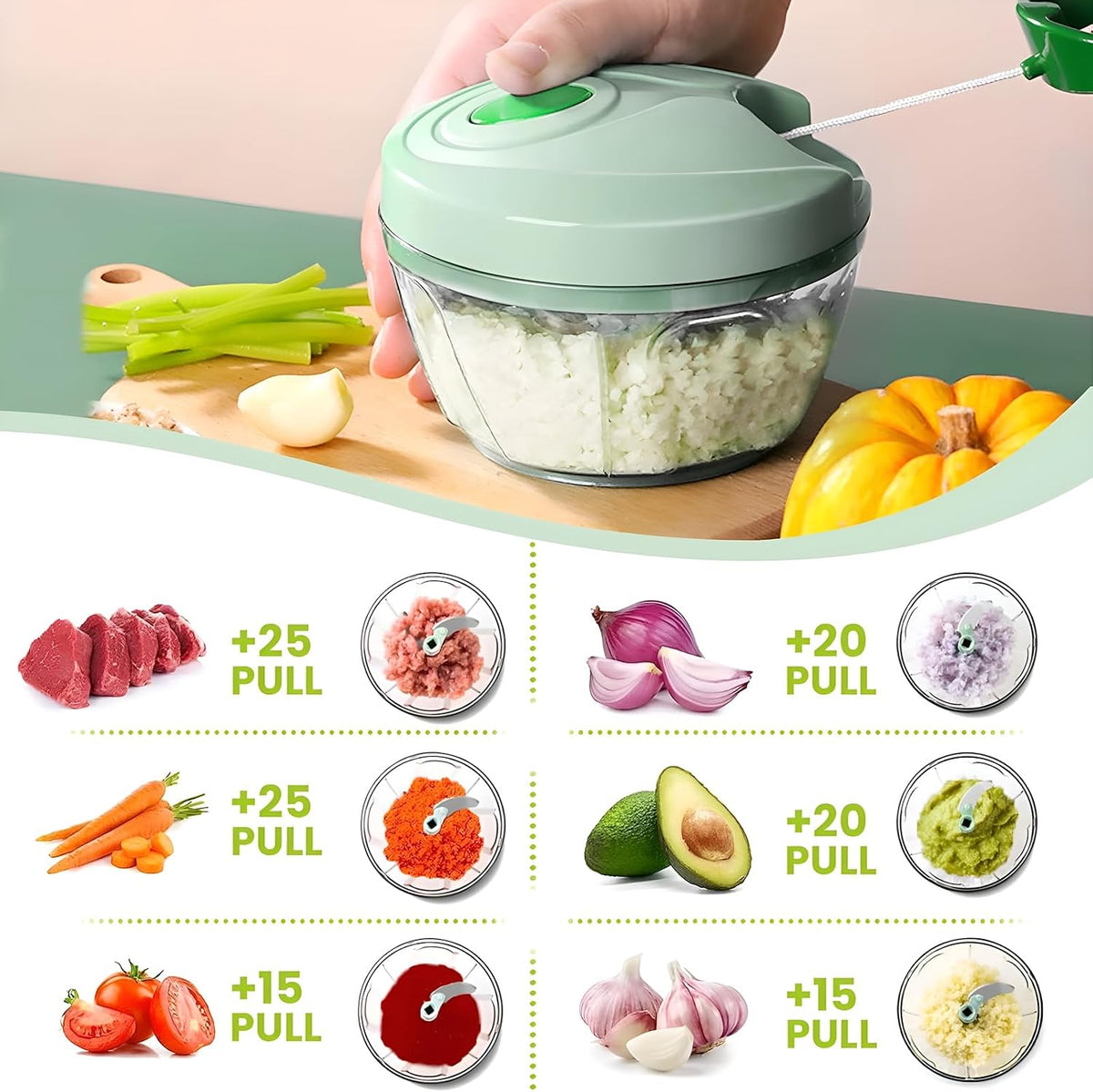 Vegetable Chopper Manual Food Chopper with Container, Hand Pull String Veggie Cutter for Salad Garlic Nut Onion
