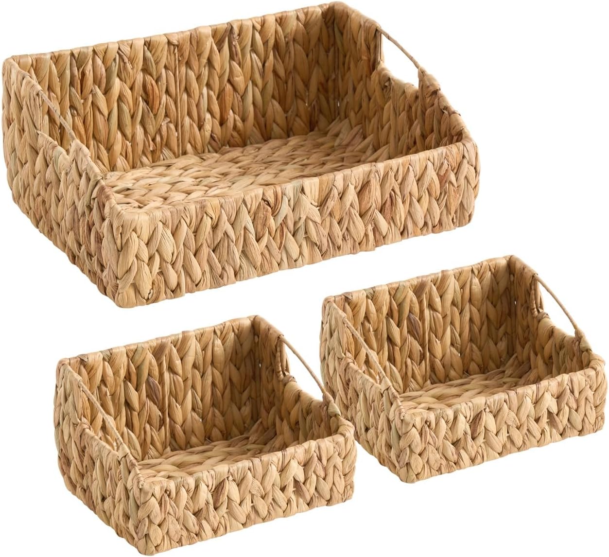 Ornavo Home 3-Pack Water Hyacinth Storage Baskets with Handles, Natural | Handwoven Decorative Natural Organizer For Shelves, Pantry, Closet Or Living Room
