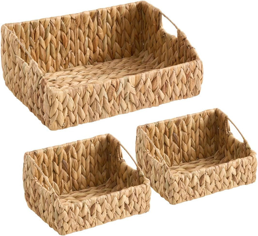 Ornavo Home 3-Pack Water Hyacinth Storage Baskets with Handles, Natural | Handwoven Decorative Natural Organizer For Shelves, Pantry, Closet Or Living Room