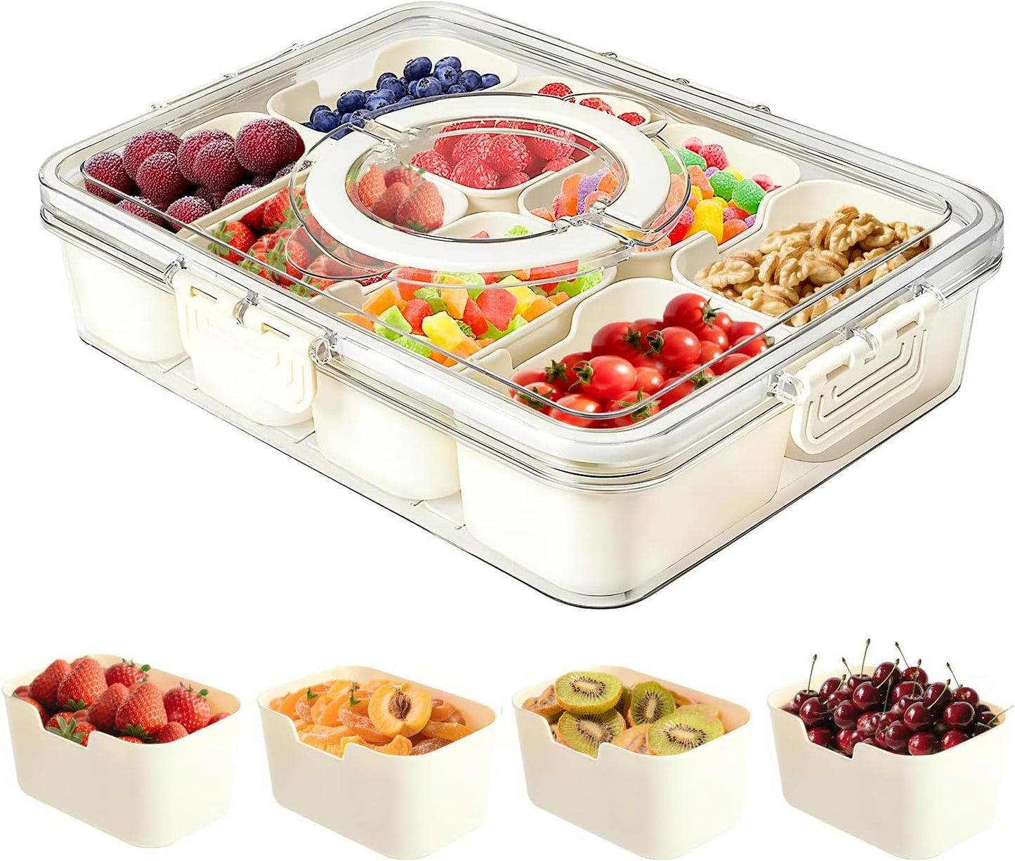 Divided Serving Tray with Lid and Handle, 8 Compartment Snacks Box with Lid and Handle, Portable Snack Box Container for Fruit Candy Nuts - Perfect for Party, Entertaining