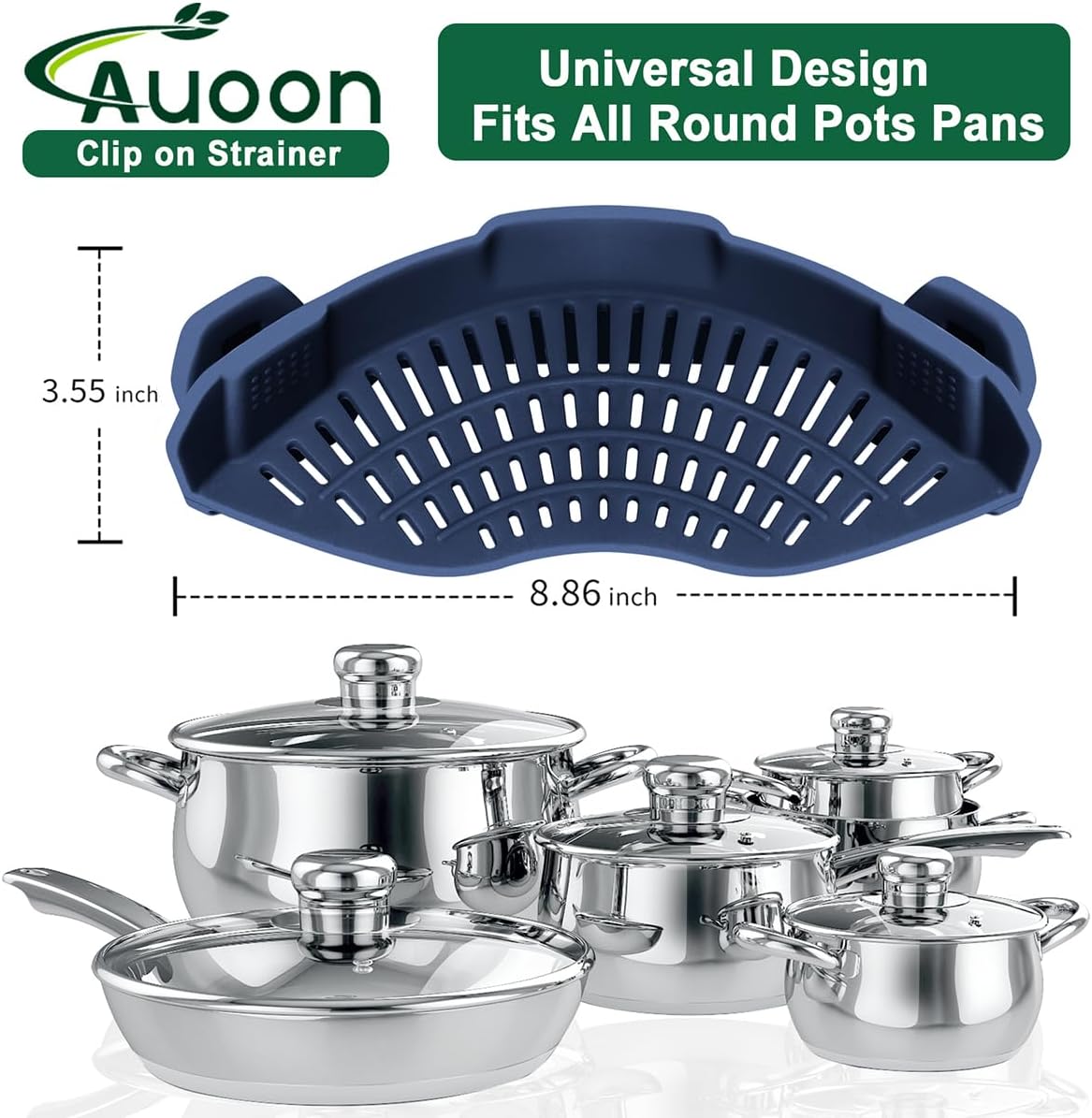 AUOON Clip On Strainer Silicone for All Pots and Pans, Pasta Strainer Clip on Food Strainer for Meat Vegetables Fruit Silicone Kitchen Colander