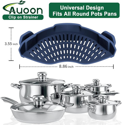 AUOON Clip On Strainer Silicone for All Pots and Pans, Pasta Strainer Clip on Food Strainer for Meat Vegetables Fruit Silicone Kitchen Colander