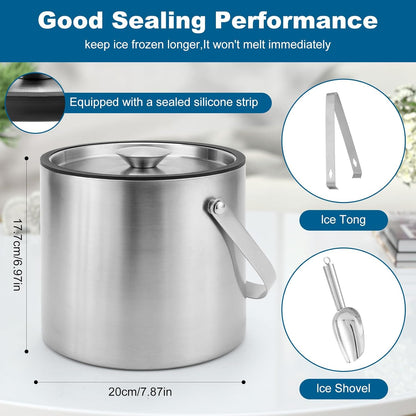 4L Stainless Steel Ice Bucket With Lid, Insulated Double-Wall Ice Buckets with Scoop & Tongs for Parties, Portable Ice Container for Chilled Champagne Wine Drink, Ideal for Home/Activities/Bar Freezer
