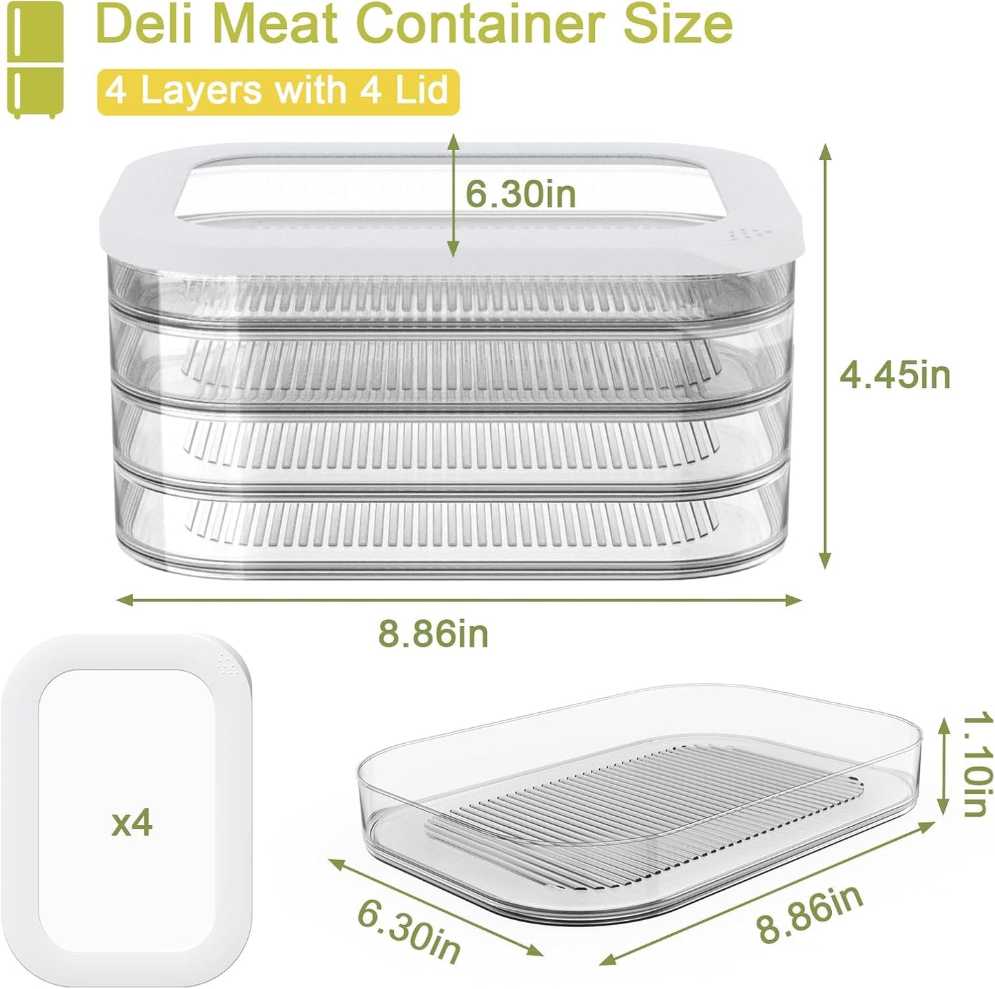 Cecnamt Stackable Deli Meat Container with Drainage Groove and Silicone Lid, Clear Refrigerator Storage Containers for Lunch Meats, Cold Cuts, Bacon, Cheese, BPA Free - 3 Layer