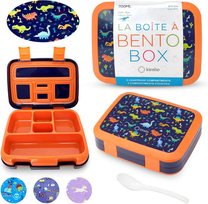 Kinsho Bento Lunch Box for Kids Toddlers, 5 Portion Control Sections, BPA Free Removable Plastic Tray, Pre-School Kid Toddler Daycare Lunches, Snack Container Ages 3 to 7 (Blue Space Rockets)