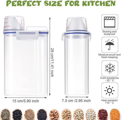Cereal Containers Set 4 Pcs Airtight Food Storage Container with Measuring Cup Dispenser Plastic Storage Containers with Lids for Rice Oatmeal Flour Grain & Pet Cat Dog Food Container, 2.5 L