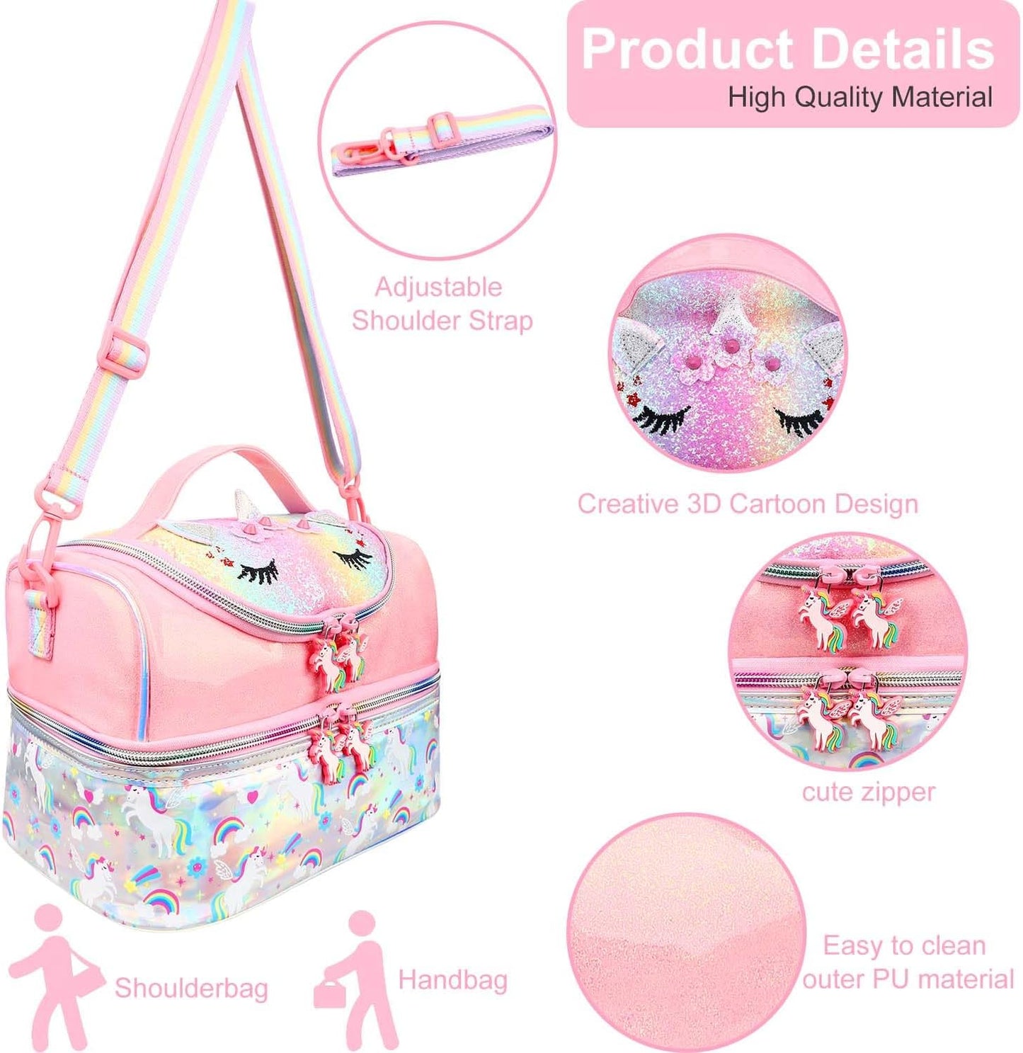 RHCPFOVR Kids Lunch Bag - Double - Decker Cooler Insulated Lunch Box for Boys Girls,Washable Lunch Bag with Strap and Reusable Toddler Lunchbox for School and Daycare