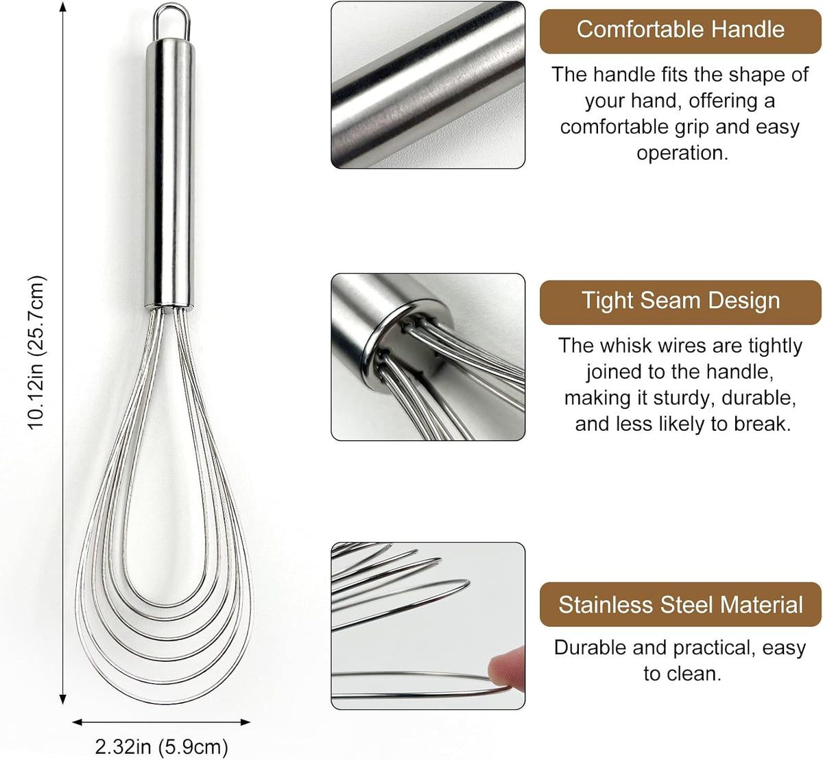 10 Inch Fat Whisk – Heavy-Duty Stainless Steel Whisk for Beating, Mixing & Stirring Sauces, Batter, and More