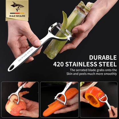 MAD SHARK Ultra Sharp Vegetable Peelers for Kitchen 10 Years No Rust Stainless Steel Serrated Potato Peeler Easy to Use Y Peeler with Durable Non-Slip Ergonomic Grips for Carrots, Fruits, Veggie