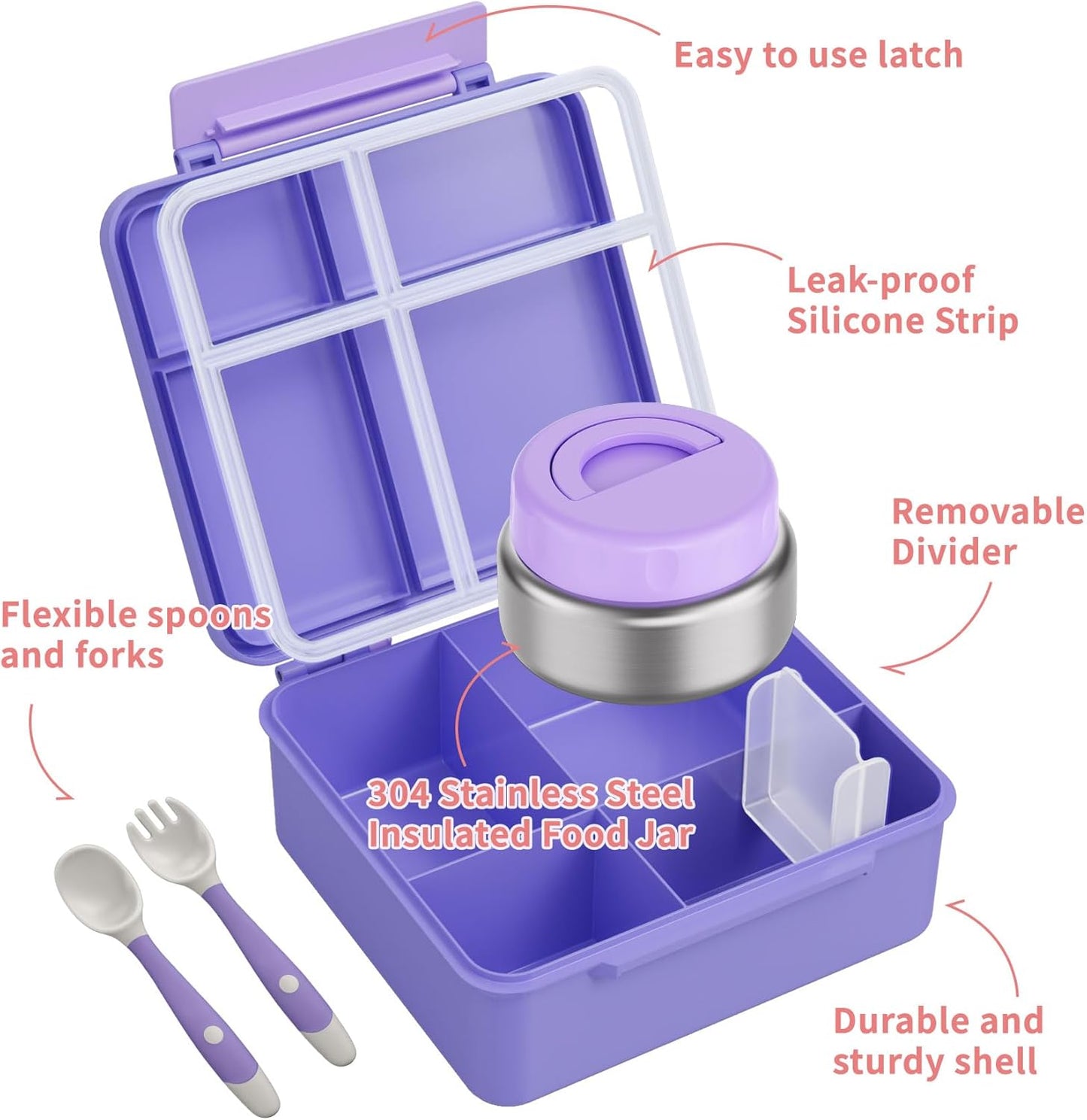 Bento Box for Kids with Thermo Food Container (9oz), 4-Compartment Lunch Box, Adjustable Divider, Leakproof Bento Lunch Box, Includes Utensils & Carry Bag for School, Office(Blue)