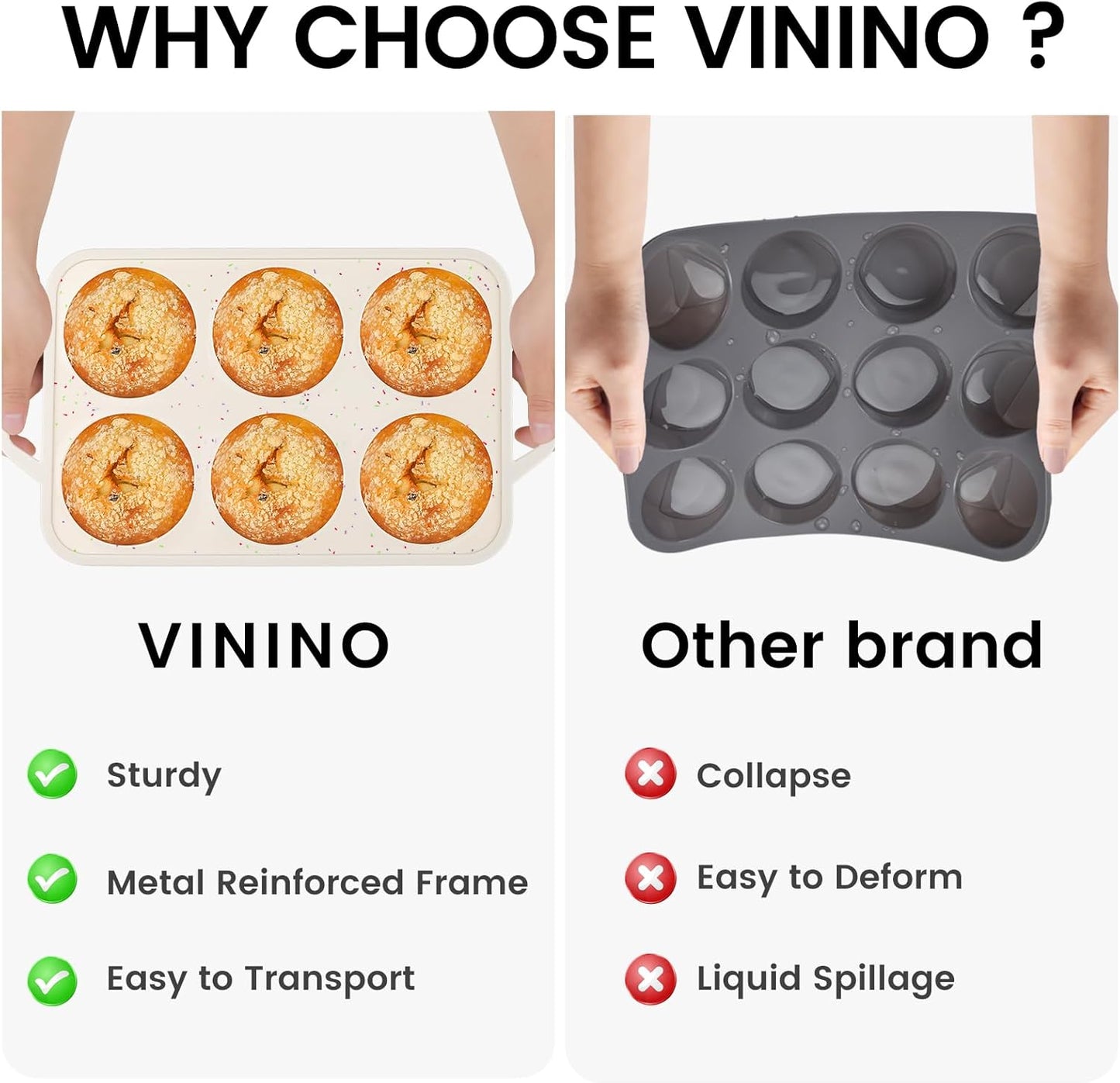 Vinino 2Pack Silicone Muffin Pan for Baking with Metal Reinforced Frame, 12 Cup Regular Size Cupcake Pan, BPA Free Silicone Muffin Tray, Cupcake Baking Pan Bite Molds for Oven Dishwasher Safe