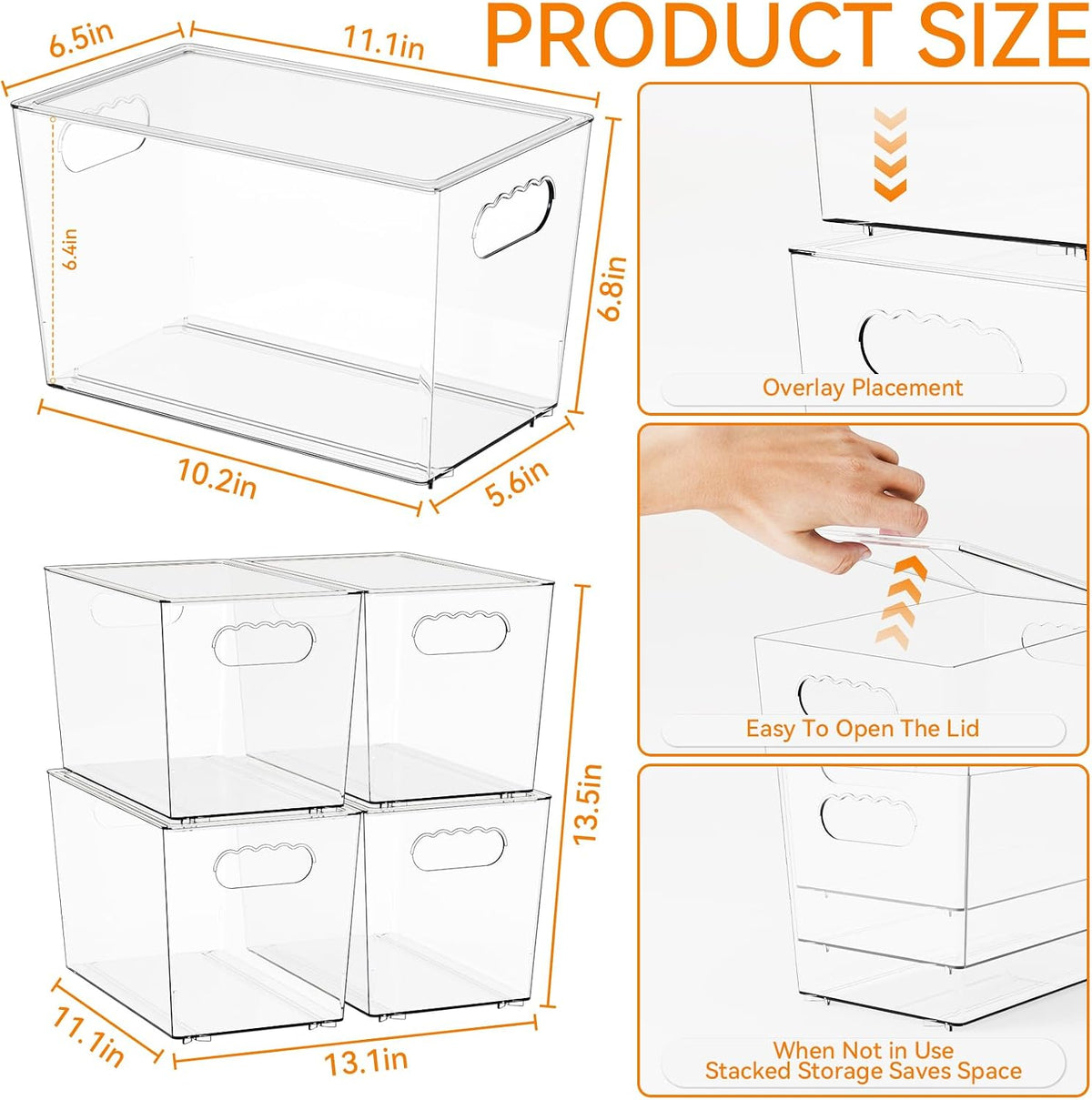 Yieach 4 Pack Large Stackable Clear Storage Bins with Lids,BPA FREE Pantry Organizers and Storage with Handle,Plastic Containers Organization and Storage for Kitchen,Refrigerator,Closet Organization