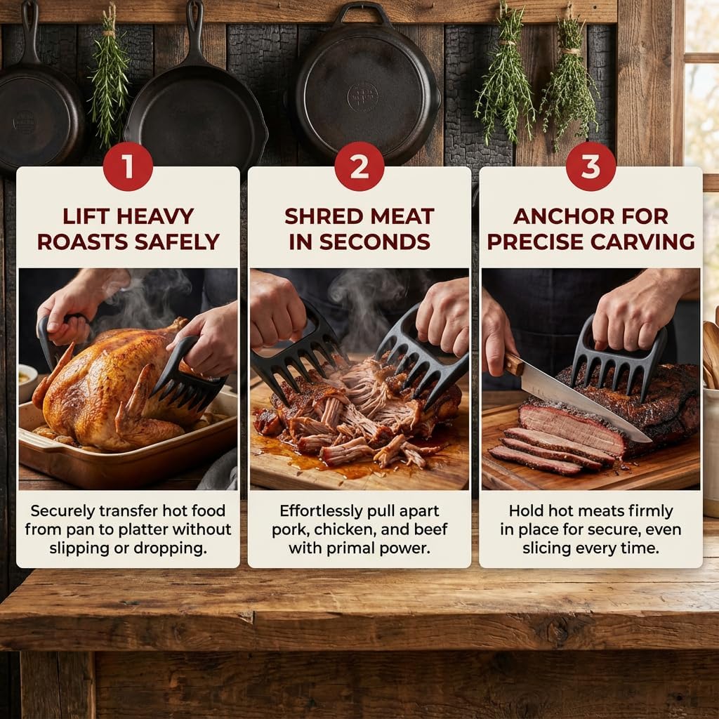 Meat Claws for Shredding Pulled Pork - Heavy Duty Solid Bear Claws Meat Shredder, Heat Resistant BBQ Smoker Accessories & Grilling Tools, Turkey Lifter Handling Forks, Gifts for Men
