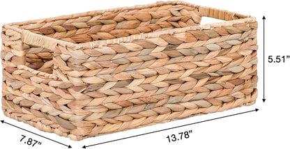 3-Piece Woven Water Hyacinth Storage Basket Set – Large Rectangular 16.1" x 6.7" x 5.9", 2 Small Square 5.9" x 5.9" x 4.7", for Pantry or Shelf