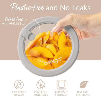Bentgo Signature Leak-Proof Glass Food Storage - 4-Piece Set, 1-Compartment Plastic-Free Containers with Airtight Glass Lids, BPA-Free, Microwave, Freezer, Oven & Dishwasher Safe (White Stone)