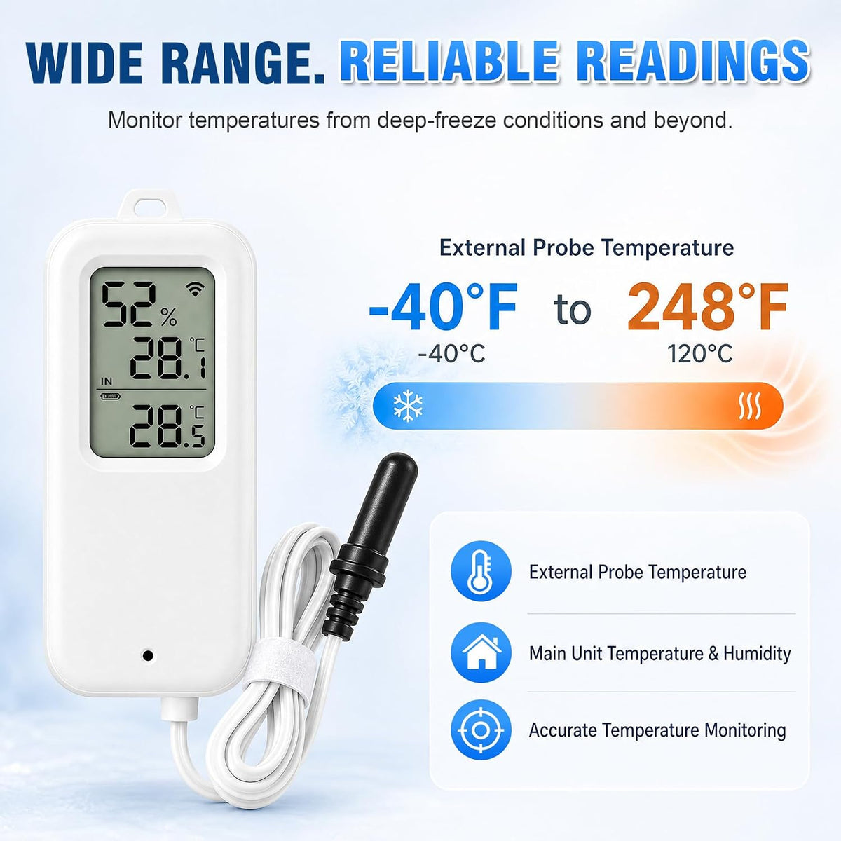 DAYTECH WiFi Freezer Thermometer Alarm, No Hub Required, App Alerts, 1 Pack