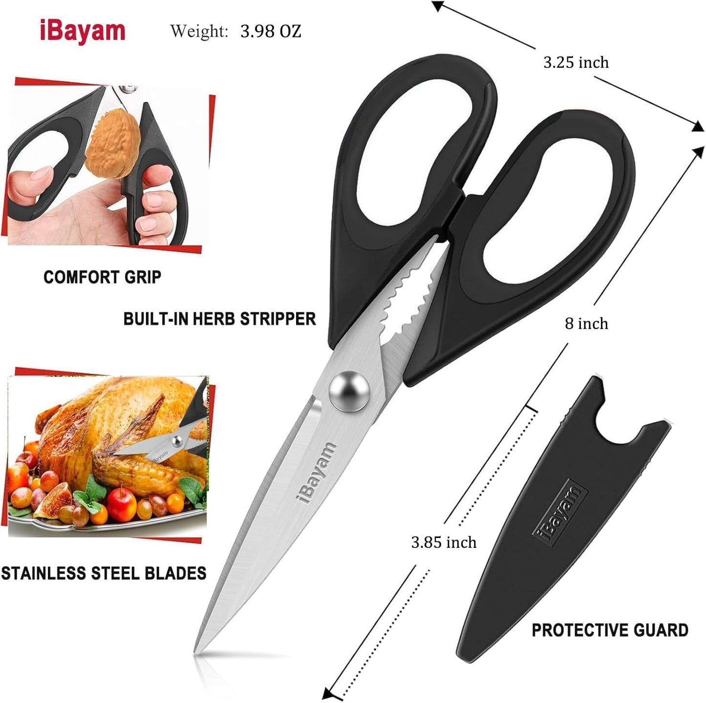 iBayam 2 Pack All Purpose Kitchen Shears Heavy Duty - Stainless Steel Kitchen Scissors With Protective Sheath, Soft Comfort-Grip Handle, Food & Meat Scissors, Home, Kitchen, Dining Utility Gadgets