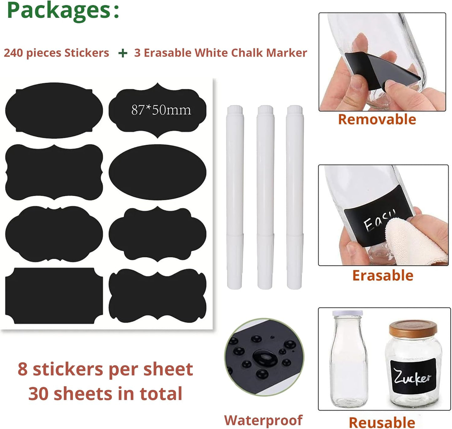 Chalkboard Labels 180 Pcs Waterproof Reusable Label for Food Containers Chalk Sticker Labels with 2 Liquid Chalk Markers for Mason Jars, Parties Decoration, Craft Rooms, Storage, Home, Kitchen