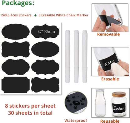 Chalkboard Labels 180 Pcs Waterproof Reusable Label for Food Containers Chalk Sticker Labels with 2 Liquid Chalk Markers for Mason Jars, Parties Decoration, Craft Rooms, Storage, Home, Kitchen
