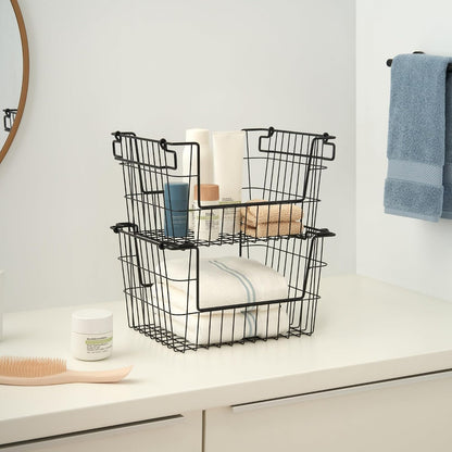 TRINITY 2-Pack Stackable Metal Wire Storage Baskets With Handles, EcoStorage Chrome, 11 Inches