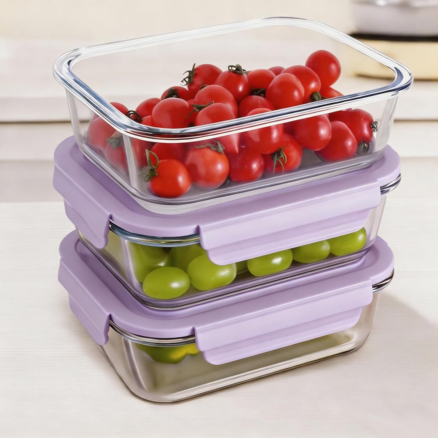 Glass Food Storage Containers with Lids, Airtight Meal Prep Containers, 4 Pack Set with Multiple Sizes (Purple)