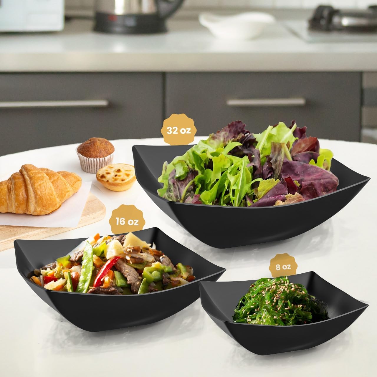 R-kay 6 Pack Square Plastic Serving Bowls - Clear Plastic bowls 16 Oz - Disposable Serving Bowls Heavy Duty For Weddings Catering And Birthday parties