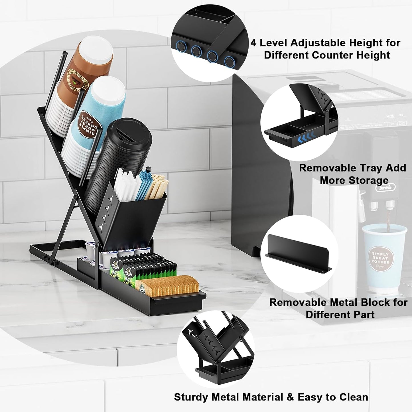 Cup and Lid Holder with Straw Organizer Coffee Station Organizer, Metal Cup Dispenser 5 Compartment Coffee Cup Holder for Coffee Bar Accessories, Disposable Paper Cups, Plastic Cups, Lids