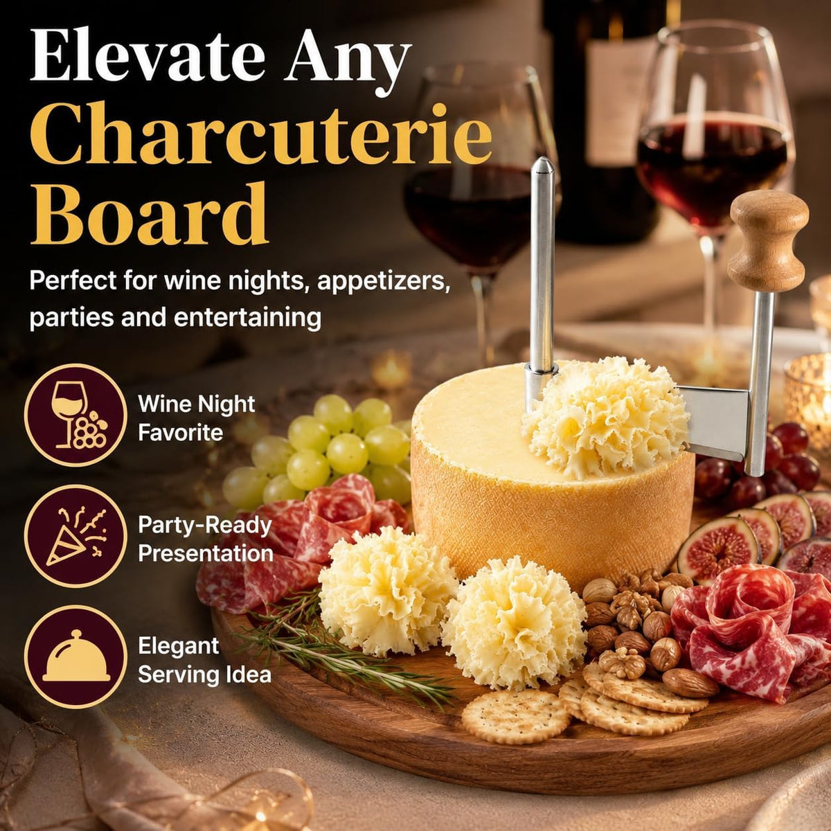 OYEWALLS Adjustable Wire Cheese Slicer for Block Cheese, Handheld Stainless Steel Cheese Cutter with 4 Extra Wires, Premium Rolling Cheese Wire Slicer for Mozzarella, Cheddar, Gruyere