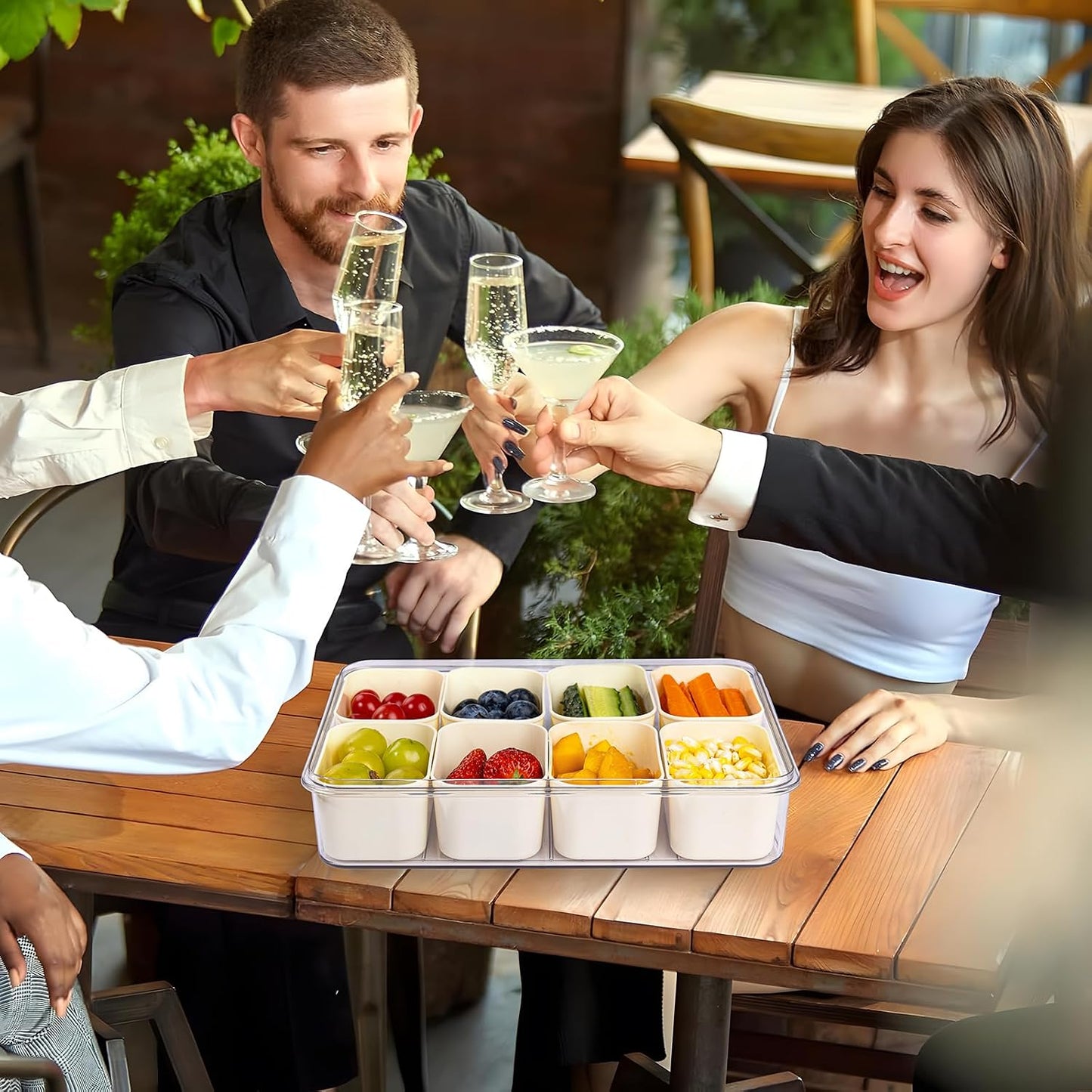 U-QE Dishwasher Safe Snackle Box Container with 8 Small Snacks Box - Premium Ivory Plastic Divided Serving Tray with Lid and Handle for Snack, Veggie, Fruits, Perfect for Party, Picnic, Entertaining