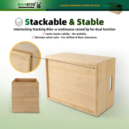 BAMOTTO CRAFTBAMBOO 2-Piece Large Bamboo Storage Box Set - 7.1in High Stackable Deep-Drawer Organizer, Lidless Bin for Kitchen Cutlery Utensils, Home & Office (14.6"x10.2"x7.1"+14.6"x10.2"x3.1")