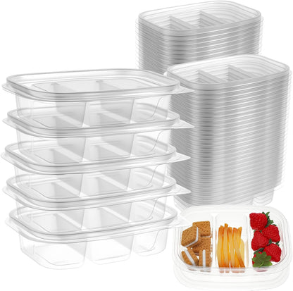 Chunful 36 Pcs 3 Compartment Transparent Snack Containers with Lids Disposable Bento Box Plastic Food Meal Prep Containers for Condiment Salad Dipping School Work Lunch
