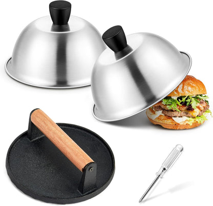 6 Inch Griddle Basting Covers & Smash Burger Press (2 Lids+1 Press), Joyfair Small Cheese Melting Dome with Grill Press for Flattop BBQ Grilling Bacon Patty, Heavy Gauge Stainless Steel & Cast Iron