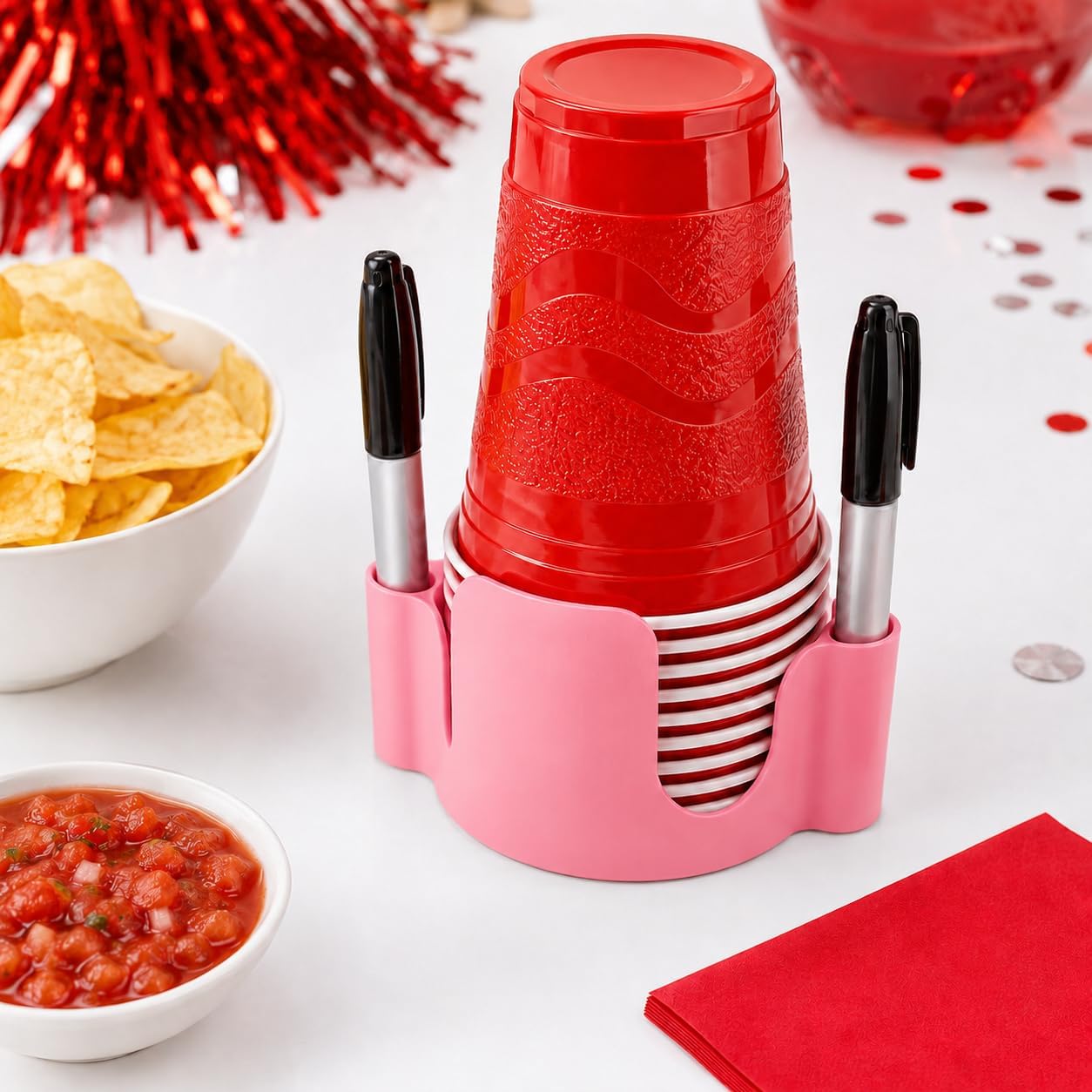 Party Cup Dispenser with Marker Holder – Stackable Plastic Cup Organizer for Parties, Events, BBQs, Picnics, Graduations & Drink Stations, Cup and Marker Caddy, Black (Red)