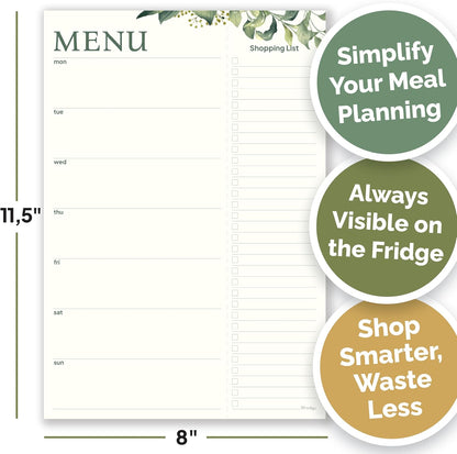 Weekly Meal Planner with Shopping List Magnetic Notepad, Size 8" x 11.5", Meal Planning and Grocery List Notepad for Fridge, Eucalyptus Design