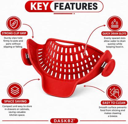 Clip On Pot Strainer for Pots, Pans & Bowls, Silicone Heat Resistant Food Grade Pot Colander, Pasta & Cooking Drainer, Hands-Free Kitchen Strainer with Universal Clip, Dishwasher Safe, Green