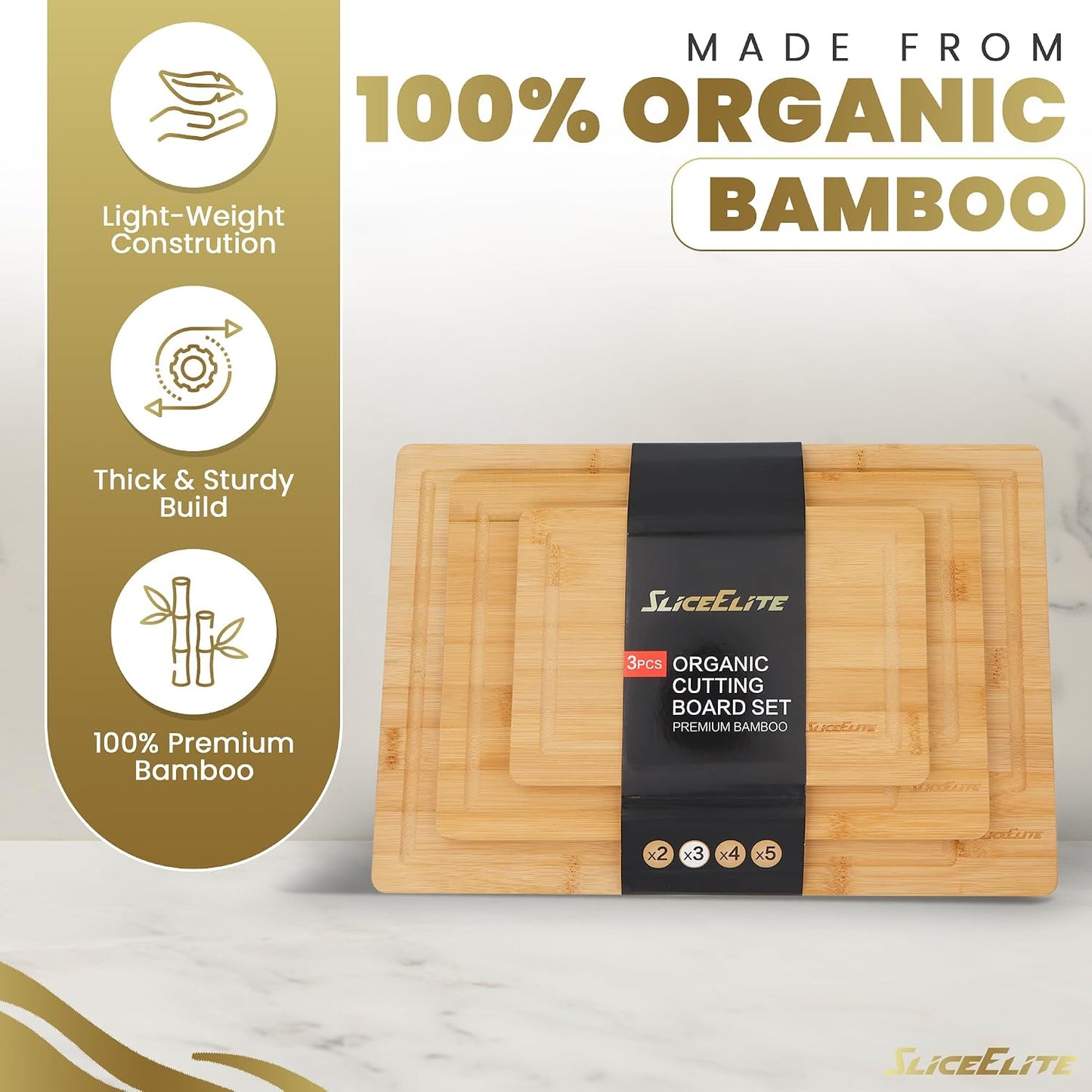 SliceElite Extra Large Bamboo Cutting Board Set 3 Piece End Grain Wooden Chopping Boards with Holder Non Slip Feet Juice Groove XL Butcher Block Style Boards for Kitchen Carving and Serving