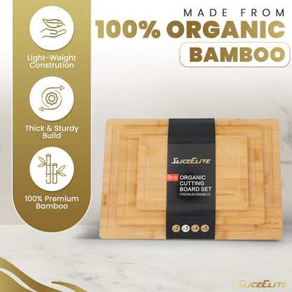 SliceElite Extra Large Bamboo Cutting Board Set 3 Piece End Grain Wooden Chopping Boards with Holder Non Slip Feet Juice Groove XL Butcher Block Style Boards for Kitchen Carving and Serving