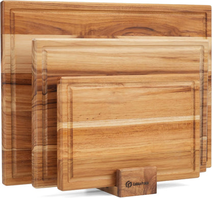 Acacia Wood Cutting Board Set with Stand | 3 Pcs Knife-Friendly Non-Slip Wooden Cutting Boards for Kitchen | 0.7″Thick Butcher Block | Large Solid Chopping Boards with Juice Groove