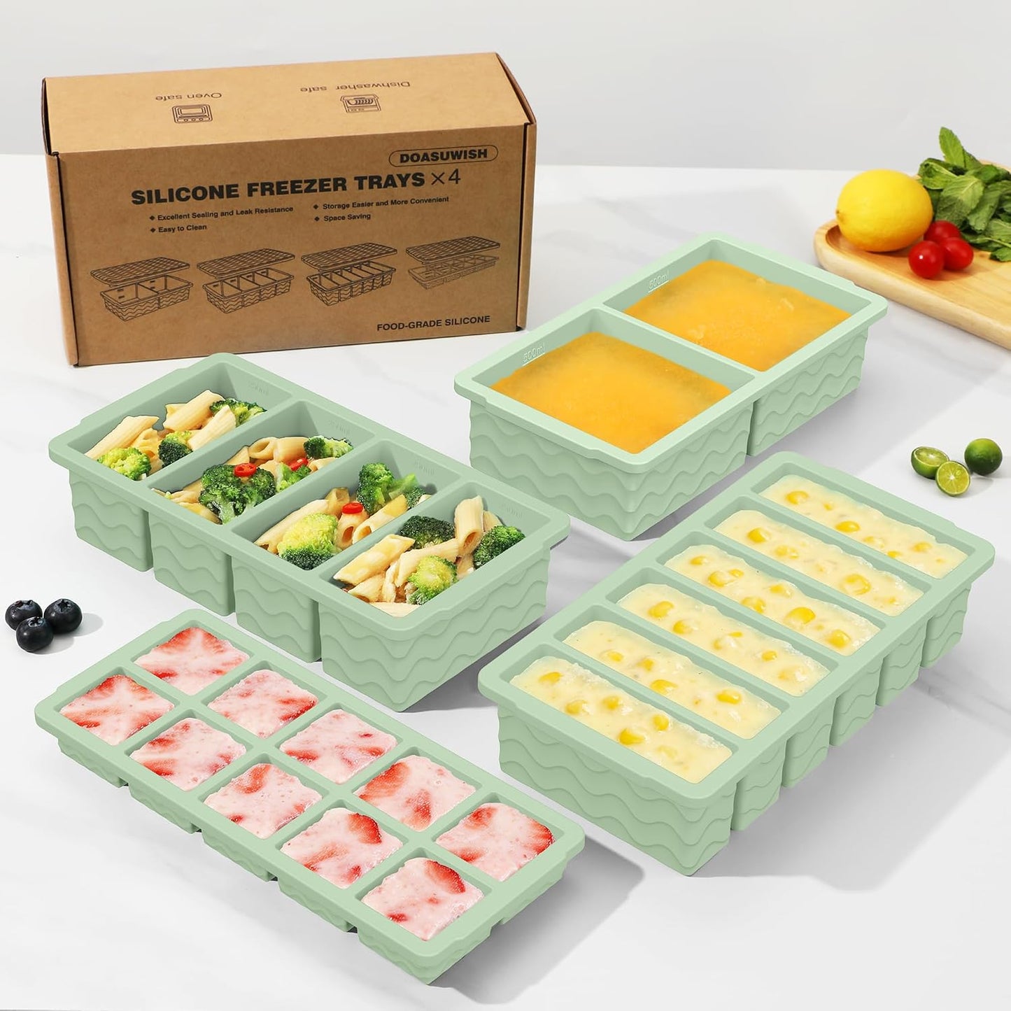 Silicone Freezer Trays with Lid (4-Pack), 1-Cup, 2-Cup, 1/2-Cup & 2-Tbsp Silicone Freezer Molds, Stackable Soup Freezer Meal Prep Containers,Ice Cube Tray for Making Sauce,Smoothies,Yogurt Bites
