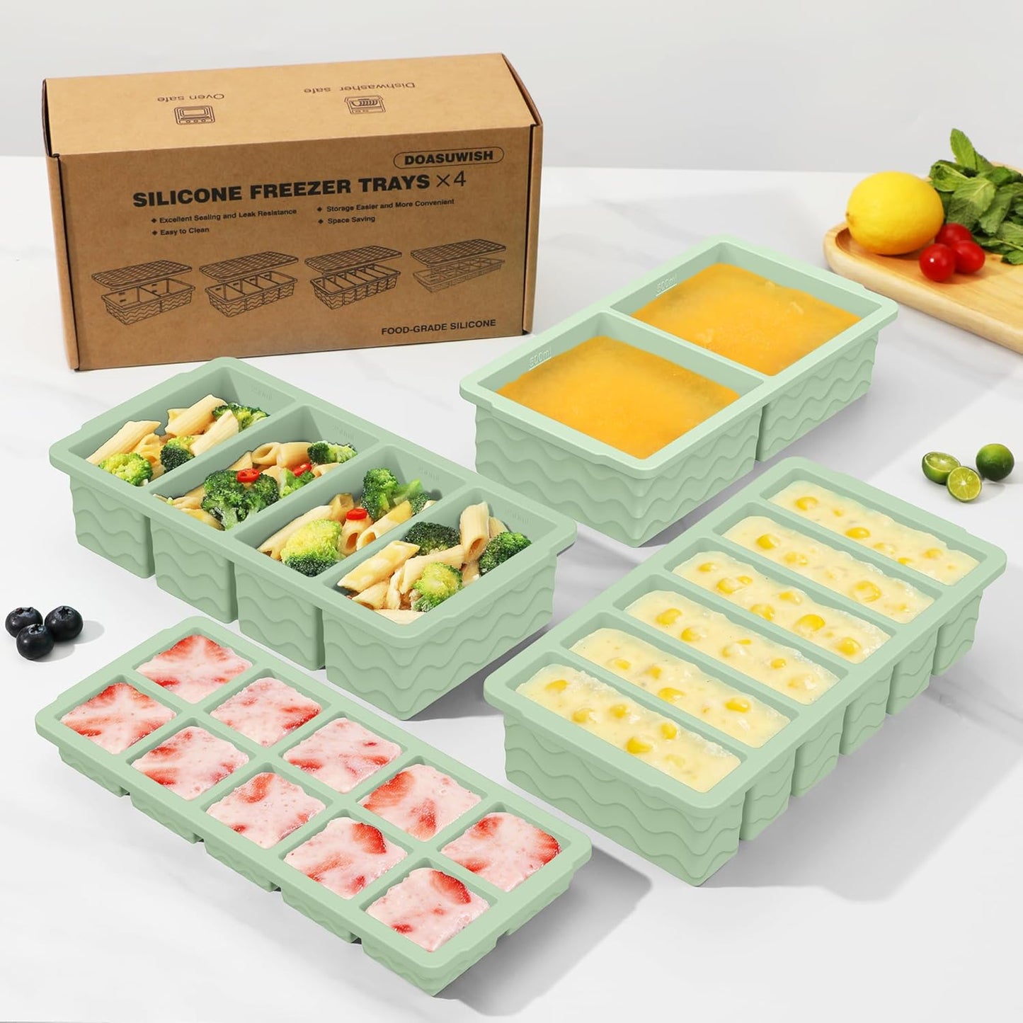 Silicone Freezer Trays with Lid (4-Pack), 1-Cup, 2-Cup, 1/2-Cup & 2-Tbsp Silicone Freezer Molds, Stackable Soup Freezer Meal Prep Containers,Ice Cube Tray for Making Sauce,Smoothies,Yogurt Bites