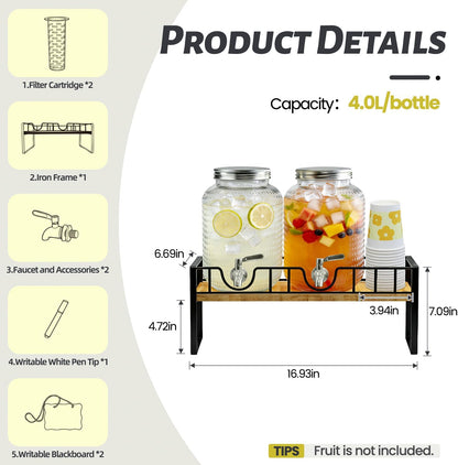 Hassky Extra Wider Glass Drink Dispensers For Parties 1 Gallon*2 Packs Set, Beverage Dispenser With Stand Glass Water Dispenser With Spigot Stainless Steel & Filter -for Lemonade, All Juice